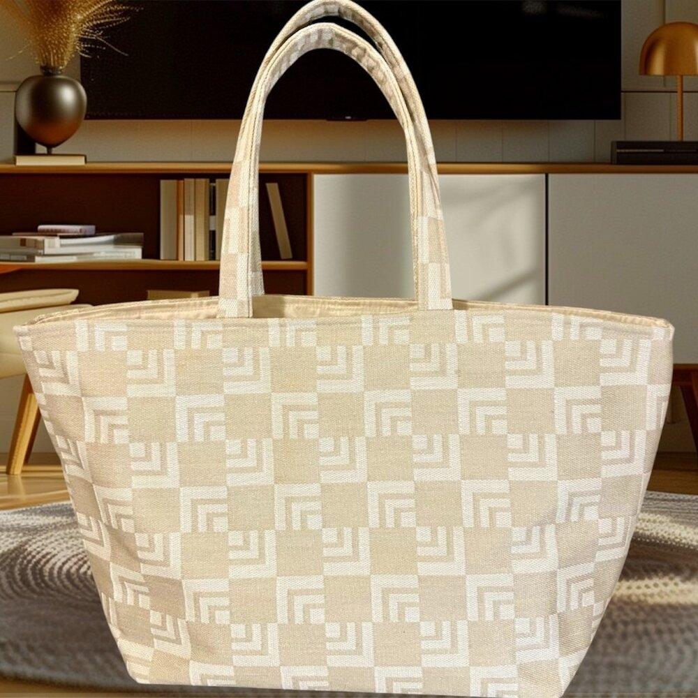Beige/Tan print reversible tote bag with satin lining. Handmade. Large size
